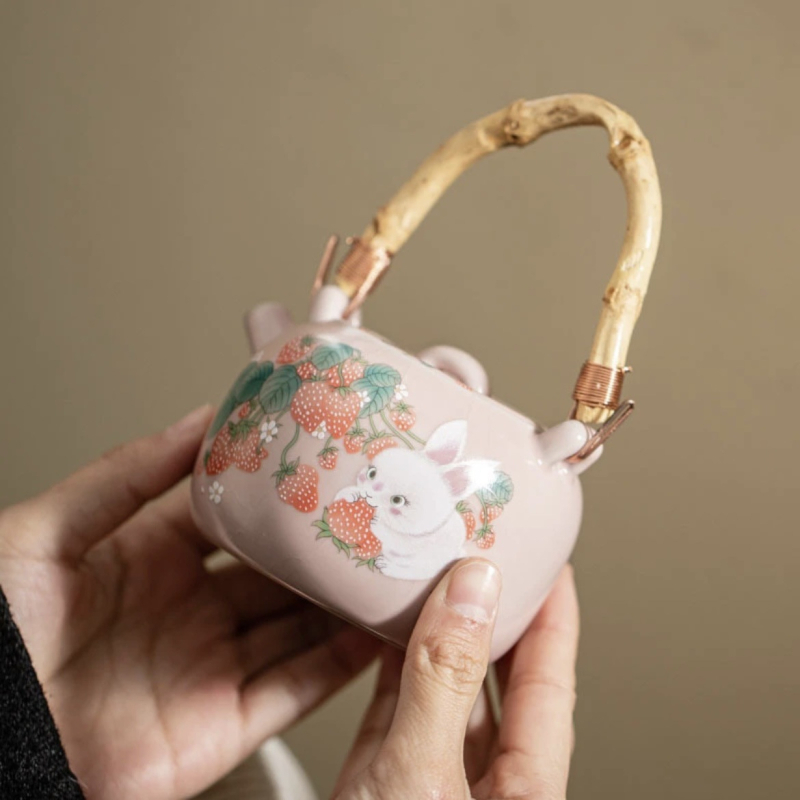 Set Xi Shi cu mâner în formă de iepuraș, roz, ceramic, ceainic și ceașcă, pentru uz casnic