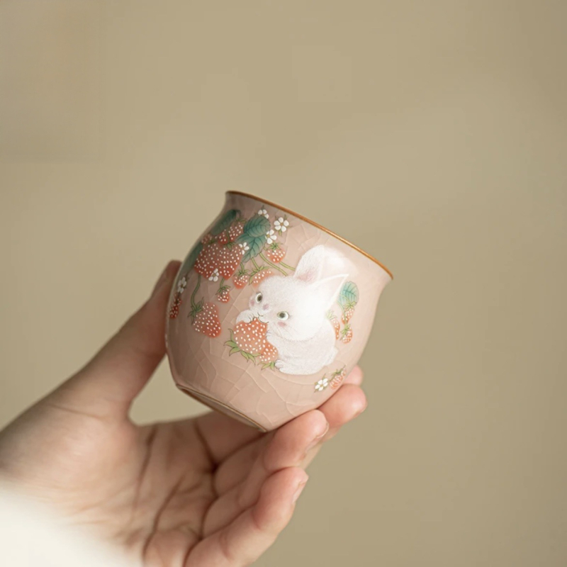 Set Xi Shi cu mâner în formă de iepuraș, roz, ceramic, ceainic și ceașcă, pentru uz casnic