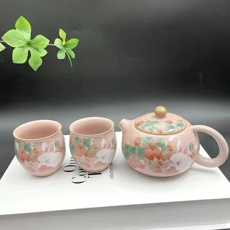 Set Xi Shi cu mâner în formă de iepuraș, roz, ceramic, ceainic și ceașcă, pentru uz casnic
