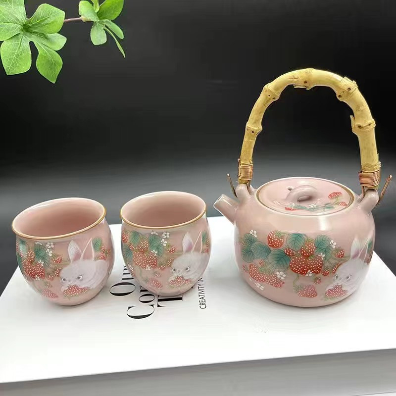 Set Xi Shi cu mâner în formă de iepuraș, roz, ceramic, ceainic și ceașcă, pentru uz casnic