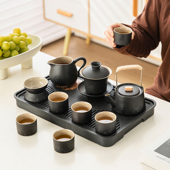 Set Gongfu de ceai din ceramică neagră: ceainic cu capac, bol cu capac, cești de ceai și tavă de servire ceai