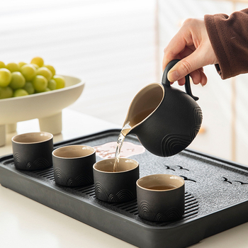 Set Gongfu de ceai din ceramică neagră: ceainic cu capac, bol cu capac, cești de ceai și tavă de servire ceai