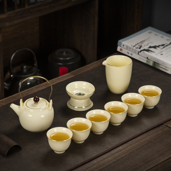 Set Gongfu de ceai din jad alb — set minimalist pentru infuzare cu ceainic galben din piatră, gaiwan şi ceşti, lux discret