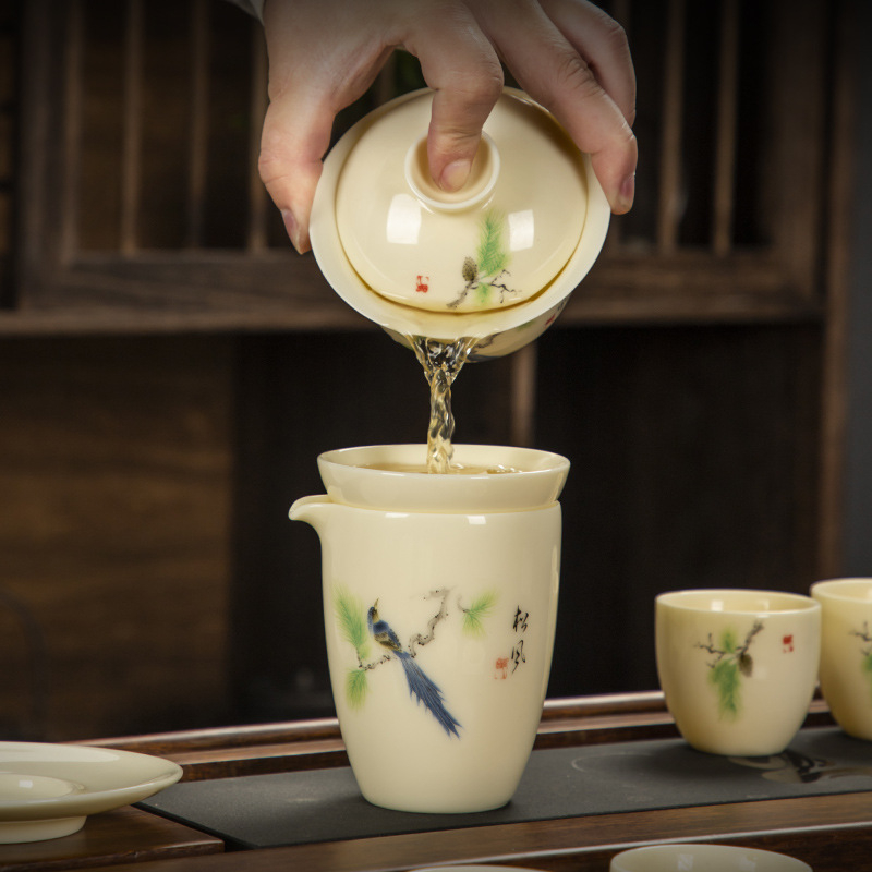 Set Gongfu de ceai din jad alb — set minimalist pentru infuzare cu ceainic galben din piatră, gaiwan şi ceşti, lux discret