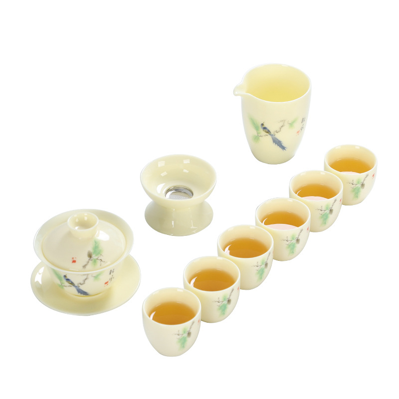 Set Gongfu de ceai din jad alb — set minimalist pentru infuzare cu ceainic galben din piatră, gaiwan şi ceşti, lux discret