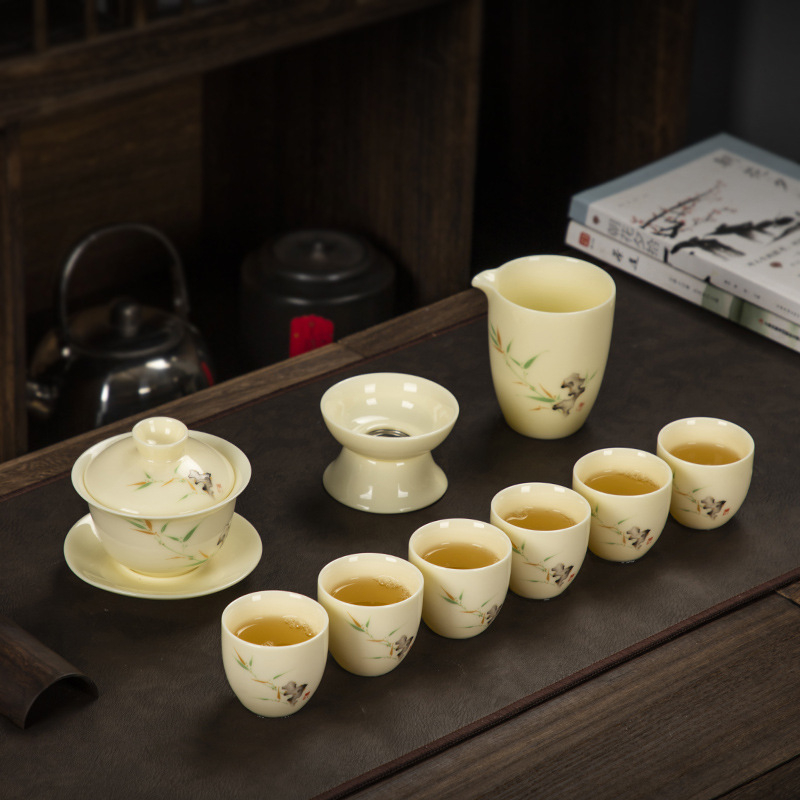 Set Gongfu de ceai din jad alb — set minimalist pentru infuzare cu ceainic galben din piatră, gaiwan şi ceşti, lux discret