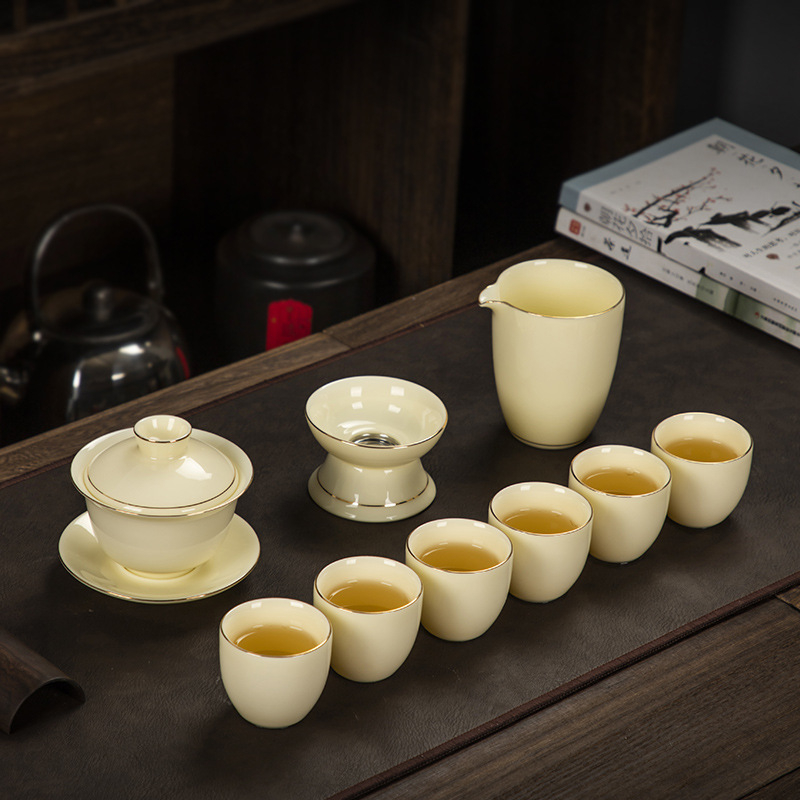 Set Gongfu de ceai din jad alb — set minimalist pentru infuzare cu ceainic galben din piatră, gaiwan şi ceşti, lux discret