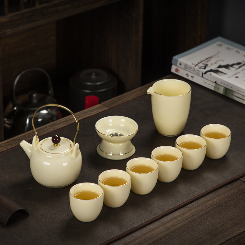 Set Gongfu de ceai din jad alb — set minimalist pentru infuzare cu ceainic galben din piatră, gaiwan şi ceşti, lux discret