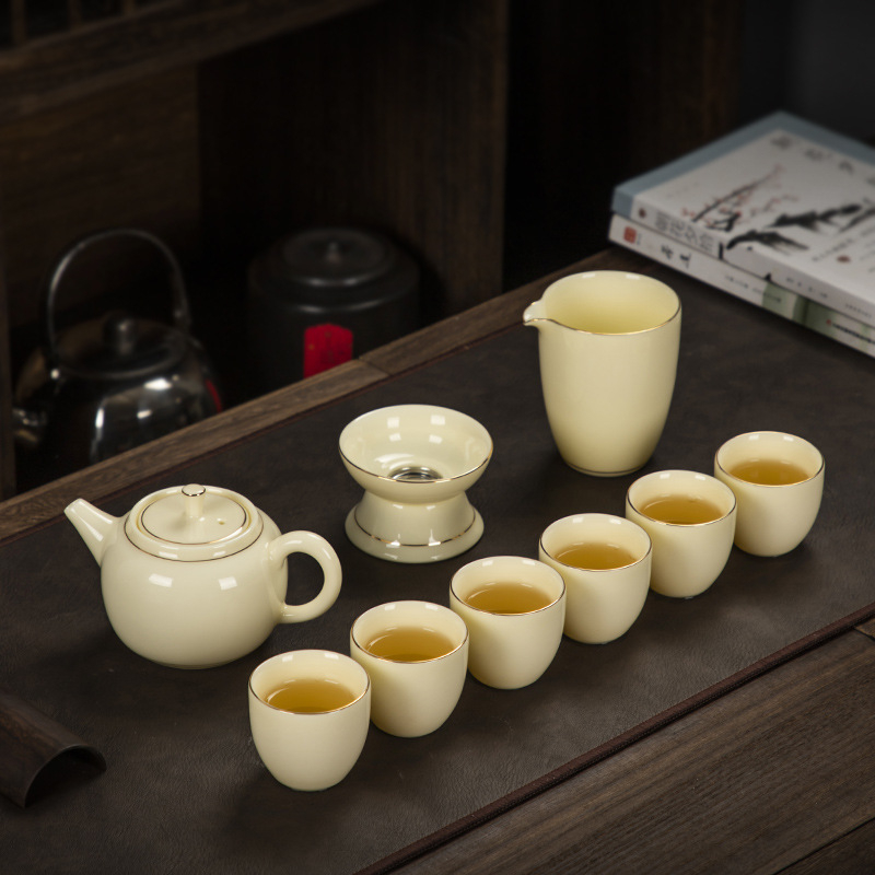 Set Gongfu de ceai din jad alb — set minimalist pentru infuzare cu ceainic galben din piatră, gaiwan şi ceşti, lux discret