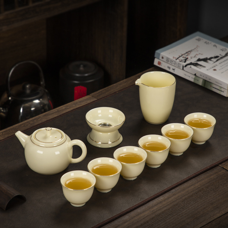 Set Gongfu de ceai din jad alb — set minimalist pentru infuzare cu ceainic galben din piatră, gaiwan şi ceşti, lux discret