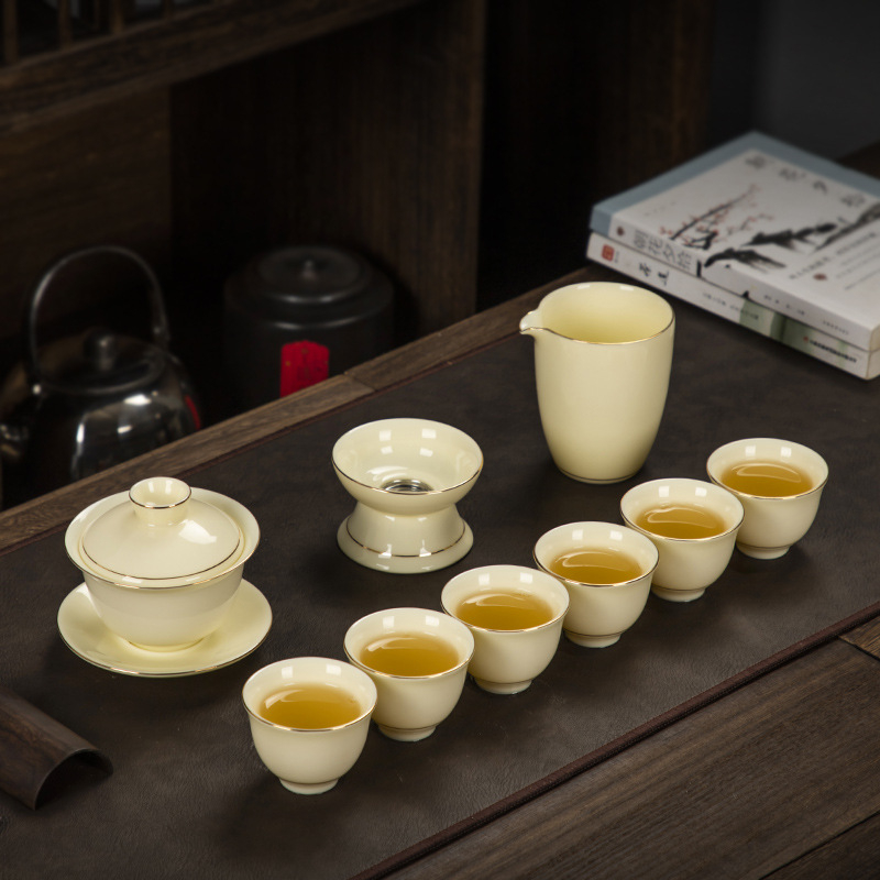 Set Gongfu de ceai din jad alb — set minimalist pentru infuzare cu ceainic galben din piatră, gaiwan şi ceşti, lux discret
