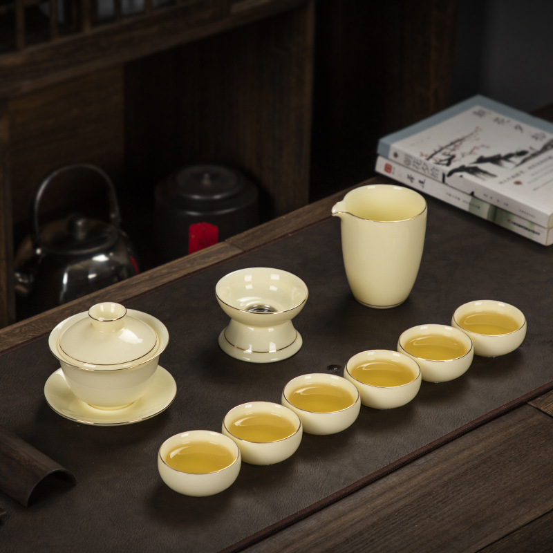 Set Gongfu de ceai din jad alb — set minimalist pentru infuzare cu ceainic galben din piatră, gaiwan şi ceşti, lux discret