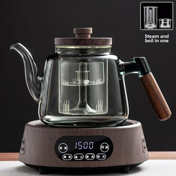 Ceainic din sticlă borosilicat cu mâner din lemn, capacitate mare, rezistent la temperaturi înalte, pentru plită electrică