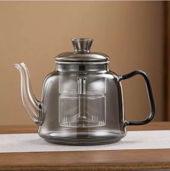 Ceainic din sticlă borosilicat cu mâner din lemn, capacitate mare, rezistent la temperaturi înalte, pentru plită electrică