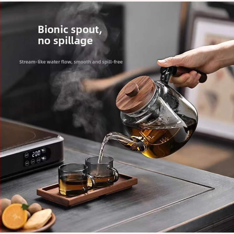 Ceainic din sticlă borosilicat cu mâner din lemn, capacitate mare, rezistent la temperaturi înalte, pentru plită electrică