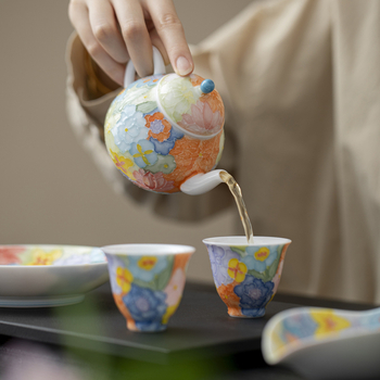 Ceainic ceramic cu motiv floral în relief, pictură manuală, stil chinezesc Gongfu, set de ceai, un ceainic