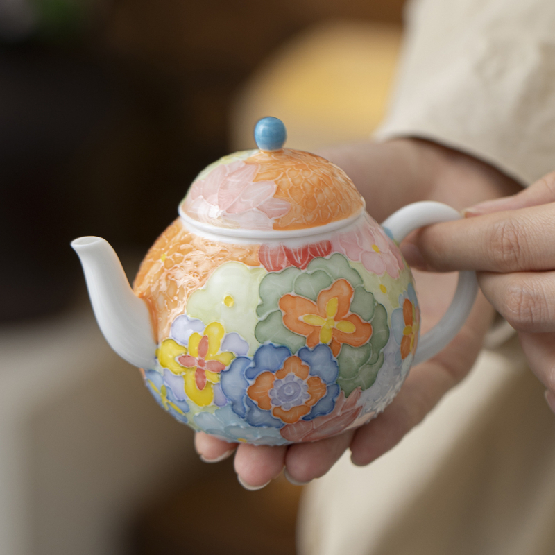 Ceainic ceramic cu motiv floral în relief, pictură manuală, stil chinezesc Gongfu, set de ceai, un ceainic