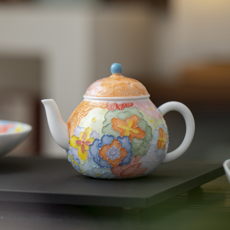 Ceainic ceramic cu motiv floral în relief, pictură manuală, stil chinezesc Gongfu, set de ceai, un ceainic