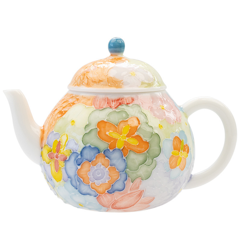 Ceainic ceramic cu motiv floral în relief, pictură manuală, stil chinezesc Gongfu, set de ceai, un ceainic