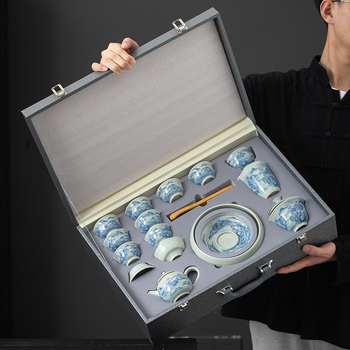 Set Gongfu pentru ceai cu bol din lut antic acoperit, ceainic și cești – cutie cadou