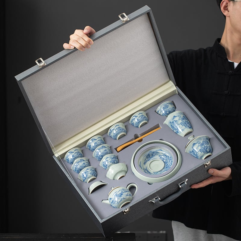 Set Gongfu pentru ceai cu bol din lut antic acoperit, ceainic și cești – cutie cadou