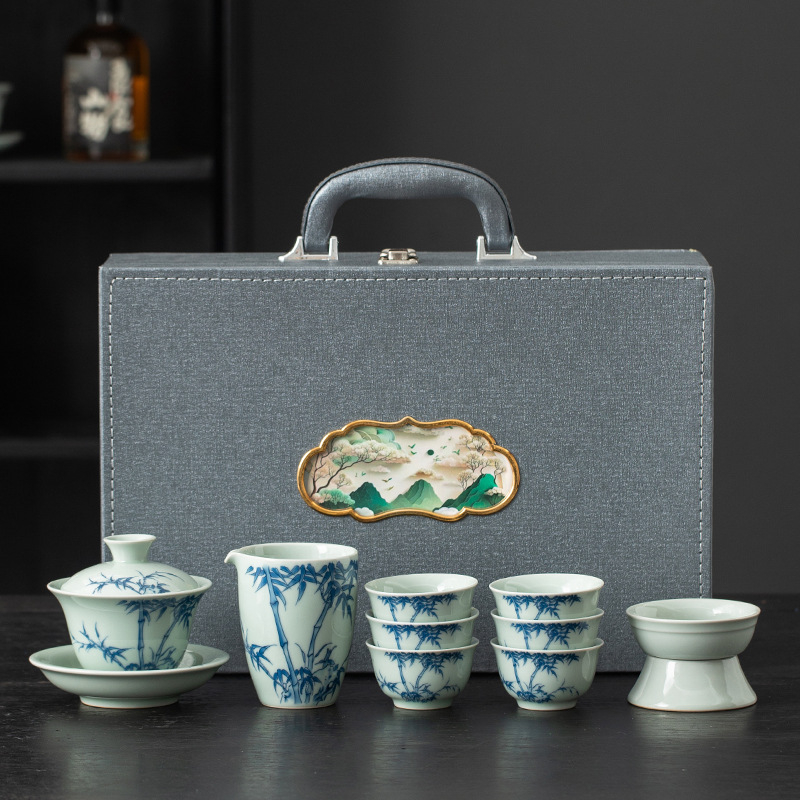 Set Gongfu pentru ceai cu bol din lut antic acoperit, ceainic și cești – cutie cadou