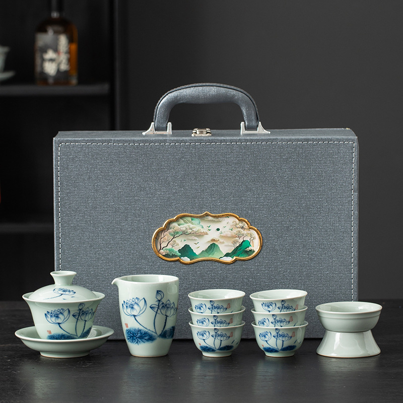 Set Gongfu pentru ceai cu bol din lut antic acoperit, ceainic și cești – cutie cadou