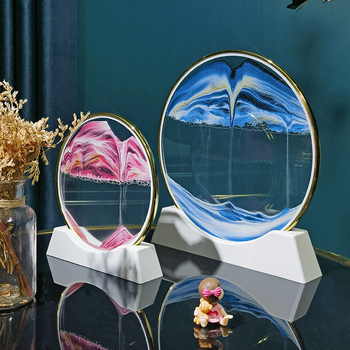 Tablou 3D cu nisip lichid într-o sticlă circulară de sticlă — decor pentru sufragerie sau birou, clepsidră din sticlă