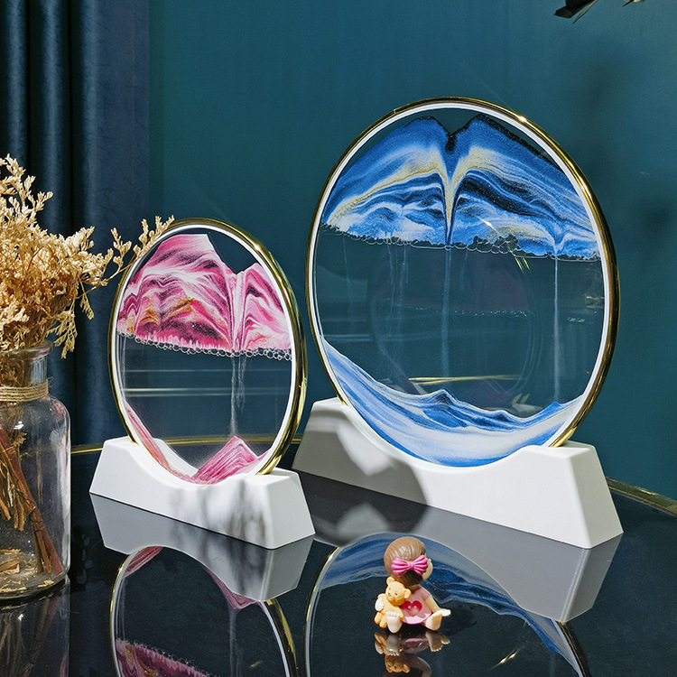 Tablou 3D cu nisip lichid într-o sticlă circulară de sticlă — decor pentru sufragerie sau birou, clepsidră din sticlă