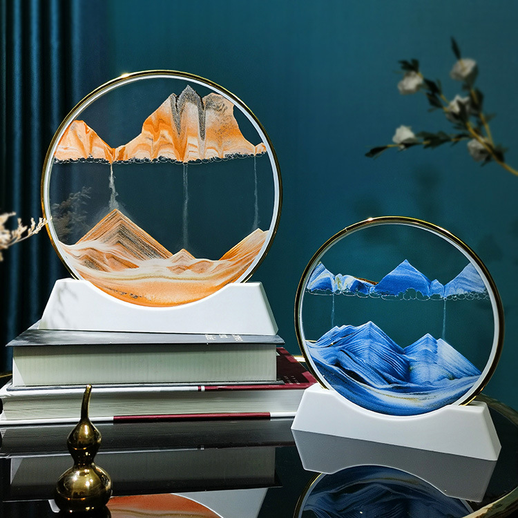 Tablou 3D cu nisip lichid într-o sticlă circulară de sticlă — decor pentru sufragerie sau birou, clepsidră din sticlă