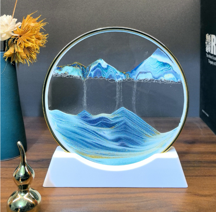Tablou 3D cu nisip lichid într-o sticlă circulară de sticlă — decor pentru sufragerie sau birou, clepsidră din sticlă