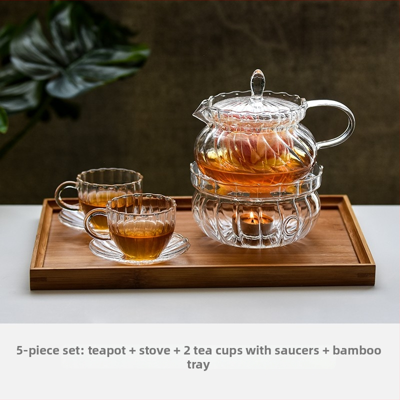 Tenký retro sklenený čajník na popoludňajší čaj – elegantný čajový set, ľahký luxusný set pre zdravé varenie ovocno-kvetinových čajov, možné zohrievať