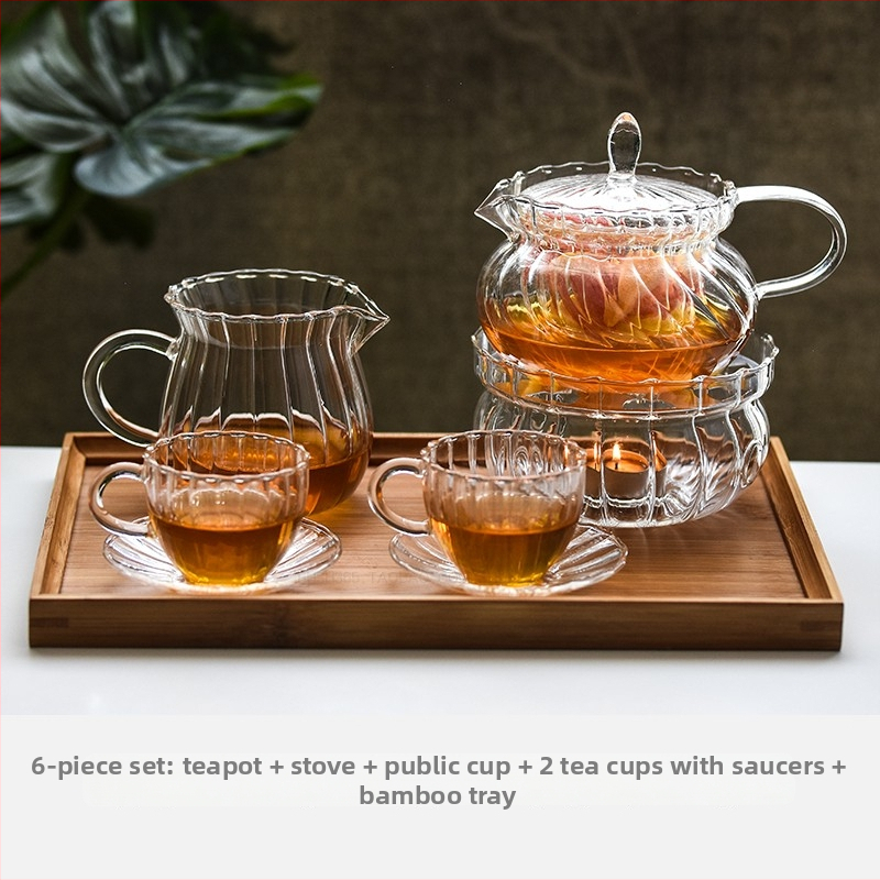 Tenký retro sklenený čajník na popoludňajší čaj – elegantný čajový set, ľahký luxusný set pre zdravé varenie ovocno-kvetinových čajov, možné zohrievať