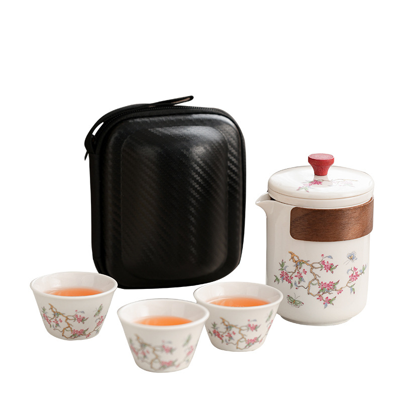 Set portabil de ceai Kung Fu cu motiv floare glicină, ceainic și cești din porțelan, pentru călătorii și camping în aer liber
