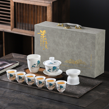 Set Kung Fu de ceai din porțelan alb ca jadul, ceainic cu capac și cești, set ceramic cadou