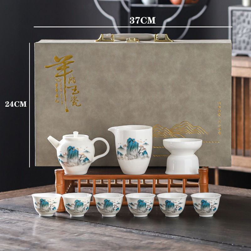 Set Kung Fu de ceai din porțelan alb ca jadul, ceainic cu capac și cești, set ceramic cadou