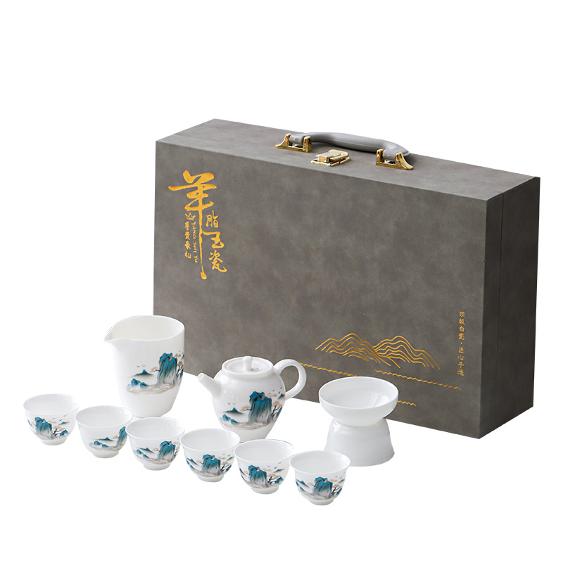 Set Kung Fu de ceai din porțelan alb ca jadul, ceainic cu capac și cești, set ceramic cadou