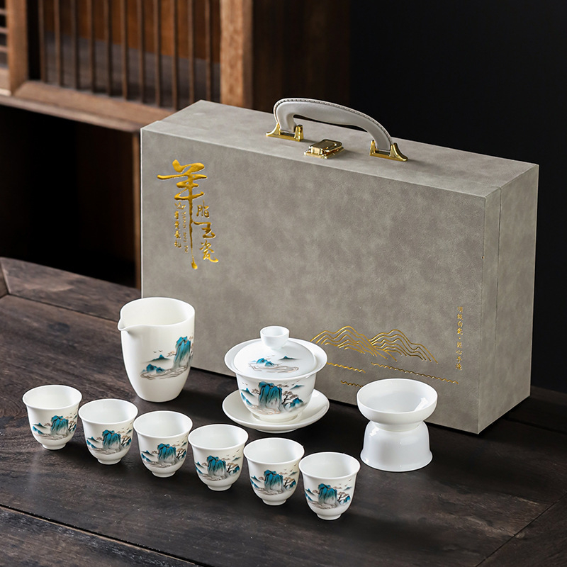 Set Kung Fu de ceai din porțelan alb ca jadul, ceainic cu capac și cești, set ceramic cadou