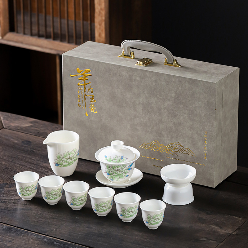 Set Kung Fu de ceai din porțelan alb ca jadul, ceainic cu capac și cești, set ceramic cadou