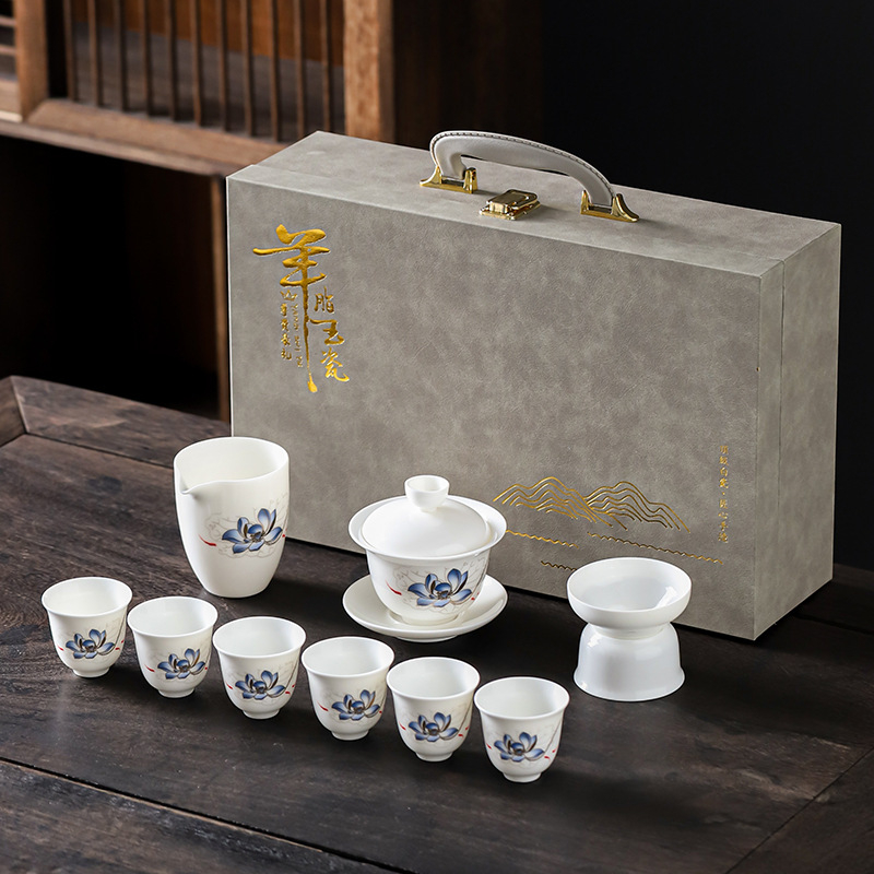 Set Kung Fu de ceai din porțelan alb ca jadul, ceainic cu capac și cești, set ceramic cadou
