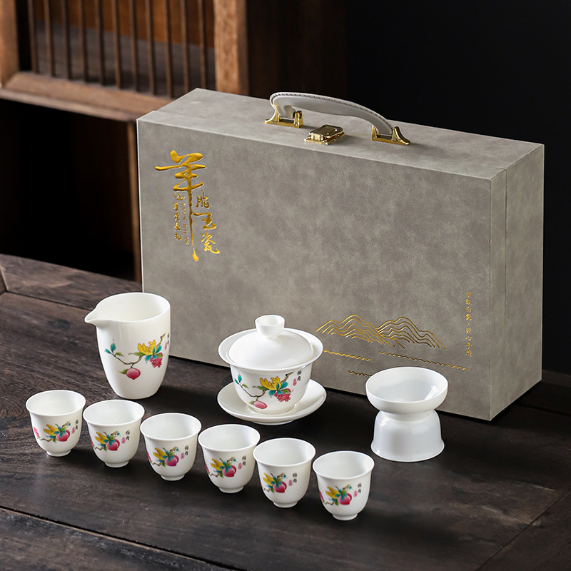 Set Kung Fu de ceai din porțelan alb ca jadul, ceainic cu capac și cești, set ceramic cadou