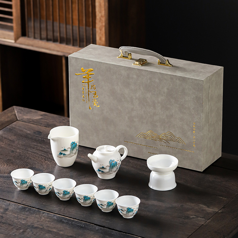 Set Kung Fu de ceai din porțelan alb ca jadul, ceainic cu capac și cești, set ceramic cadou