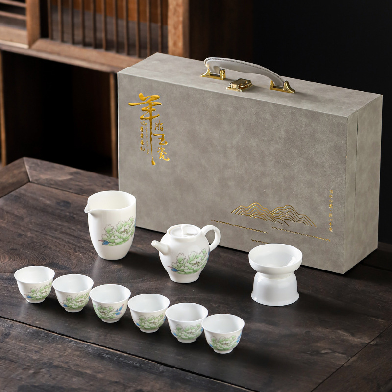 Set Kung Fu de ceai din porțelan alb ca jadul, ceainic cu capac și cești, set ceramic cadou