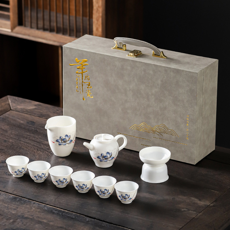 Set Kung Fu de ceai din porțelan alb ca jadul, ceainic cu capac și cești, set ceramic cadou