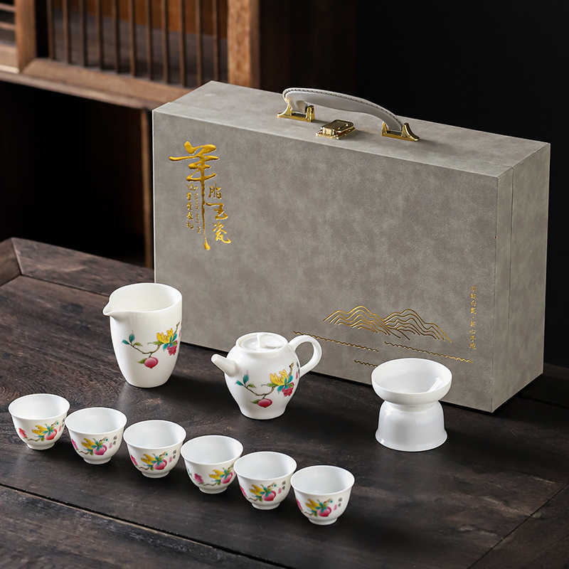 Set Kung Fu de ceai din porțelan alb ca jadul, ceainic cu capac și cești, set ceramic cadou