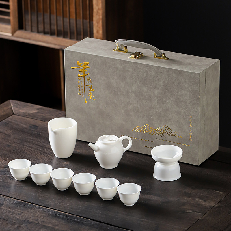Set Kung Fu de ceai din porțelan alb ca jadul, ceainic cu capac și cești, set ceramic cadou