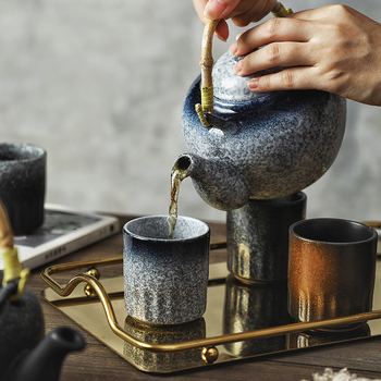 Set ceramic de ceainic în stil japonez pentru uz casnic, set Kung Fu de ceai cu mâner, ceramică brută pentru prepararea ceaiului, set ceainic și căni