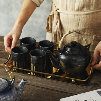 Set ceramic de ceainic în stil japonez pentru uz casnic, set Kung Fu de ceai cu mâner, ceramică brută pentru prepararea ceaiului, set ceainic și căni