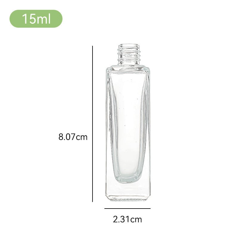 Átlátszó üvegparfümös üvegek csavaros kupakkal, különböző kapacitásokkal (3 ml, 5 ml, 10 ml, 15 ml, 18 ml, 20 ml, 30 ml), arany, ezüst, rozé arany, fényes fekete és matt fekete kupakkal