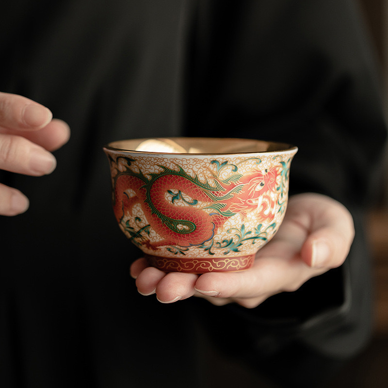 Ceșuță de ceai ceramică cu dragon și phoenix, stil palat, lucrată manual, în cutie cadou